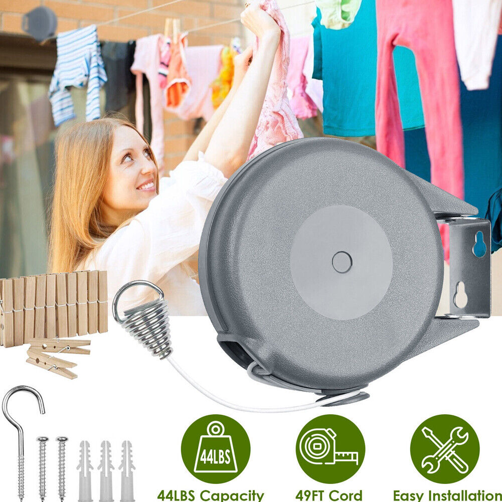 US 49 Ft Retractable Clothes Line Portable Hanging Dryer Adjustable Rope String