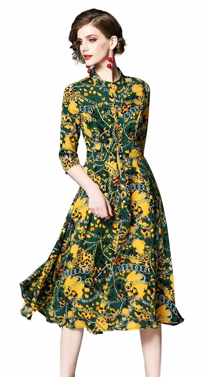 Women's Vintage Floral Printed Lotus Sleeves Elastic Waist Cocktail Dress
