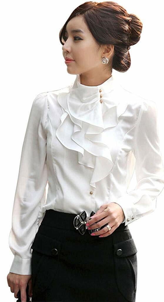 Women's Chiffon OL Ruffle Founcing Front Shirt Long Sleeve Blouse