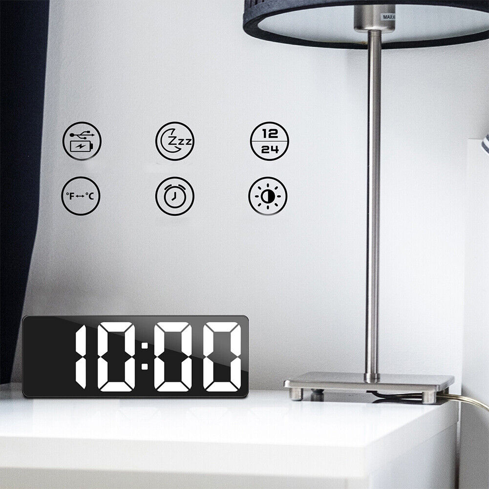 US 1-2 Pc Digital LED Desk Alarm Clock Large Mirror Display USB Temperature Mode