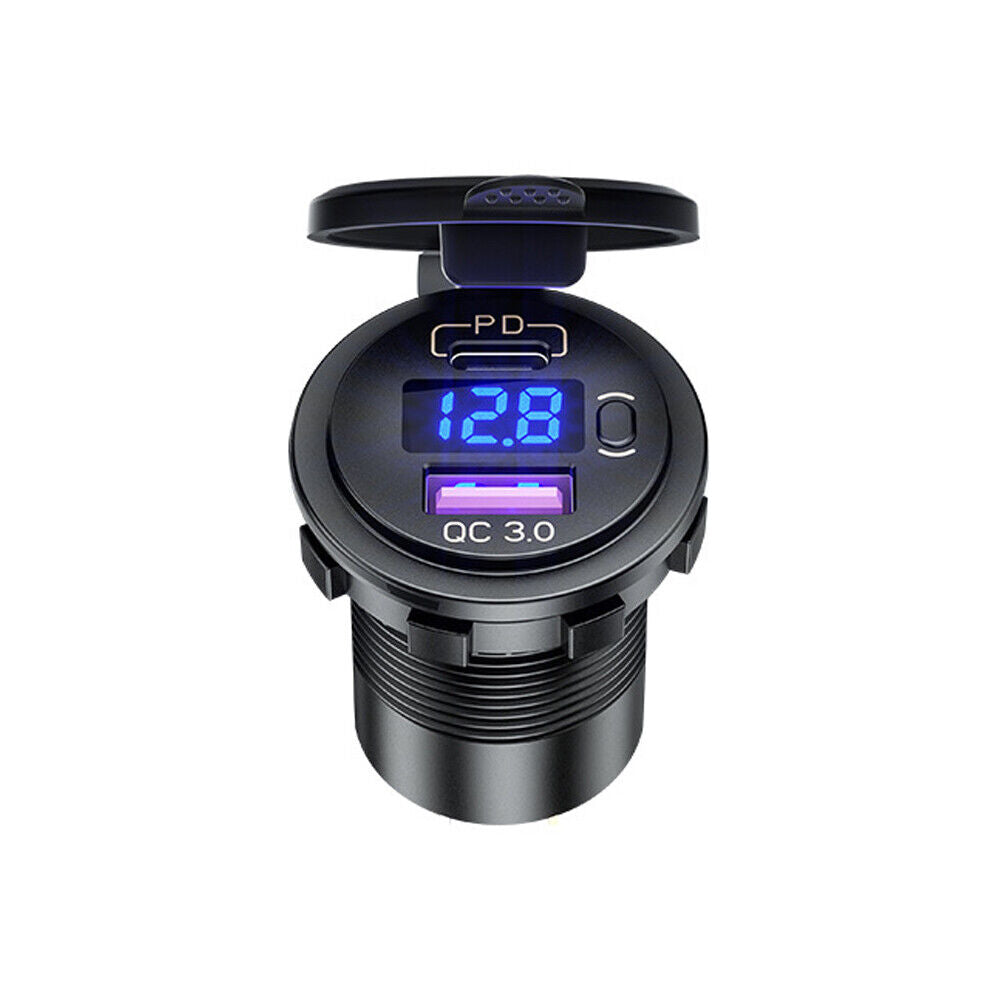 US 12V QC3.0 Dual USB Car Fast Charger Socket Outlet LED Voltmeter Waterproof