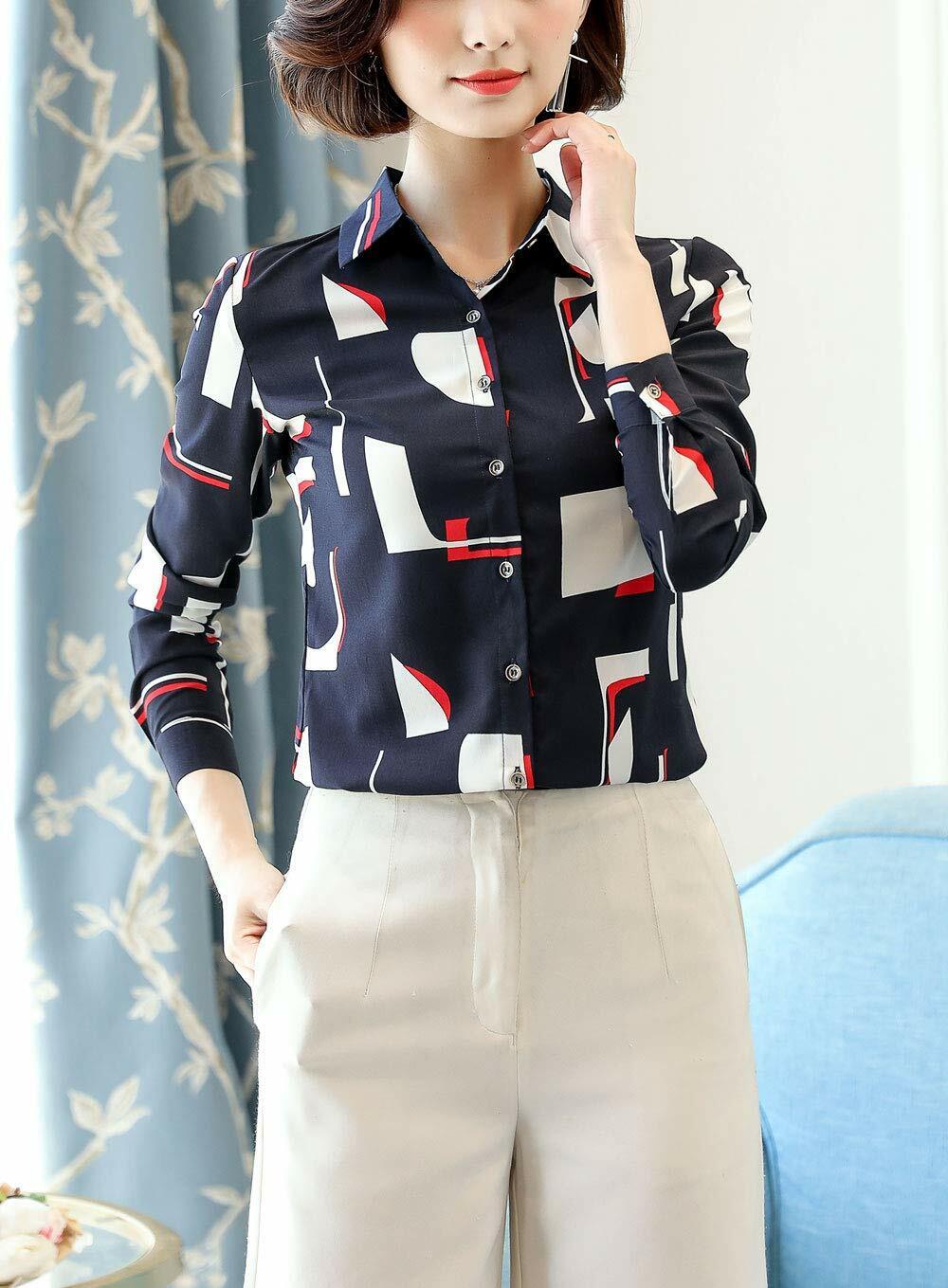 Women's Button Down Long Sleeve Printed Shirt Tailored Blouse
