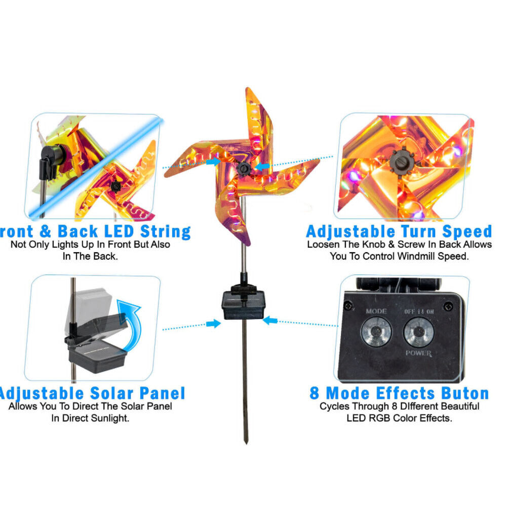 US 2-4 Pcs Solar LED Windmill Spinner RGB Wind Outdoor Catcher Patio Holiday