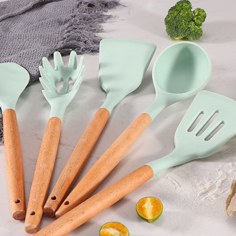 US 11 Pcs Kitchen Cooking Utensils Set Wooden Handle Silicone Heat Resistant