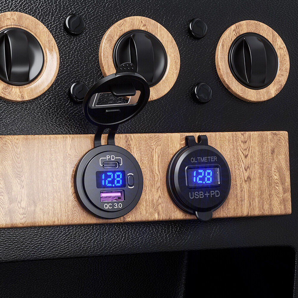 US 12V QC3.0 Dual USB Car Fast Charger Socket Outlet LED Voltmeter Waterproof