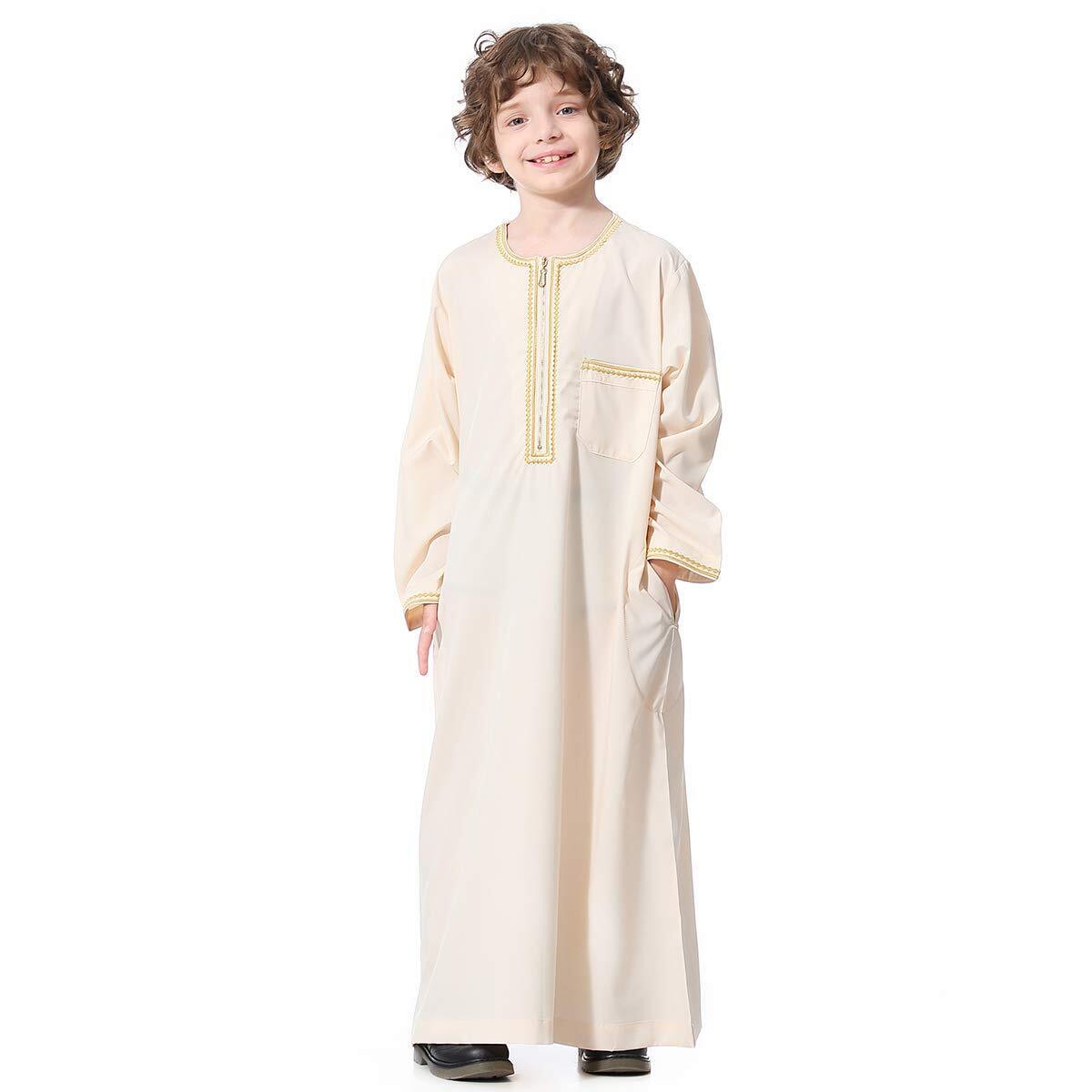 Arabic Thobe Muslim Thobe Kaftan Stand Collar Robe with Botton for Boy