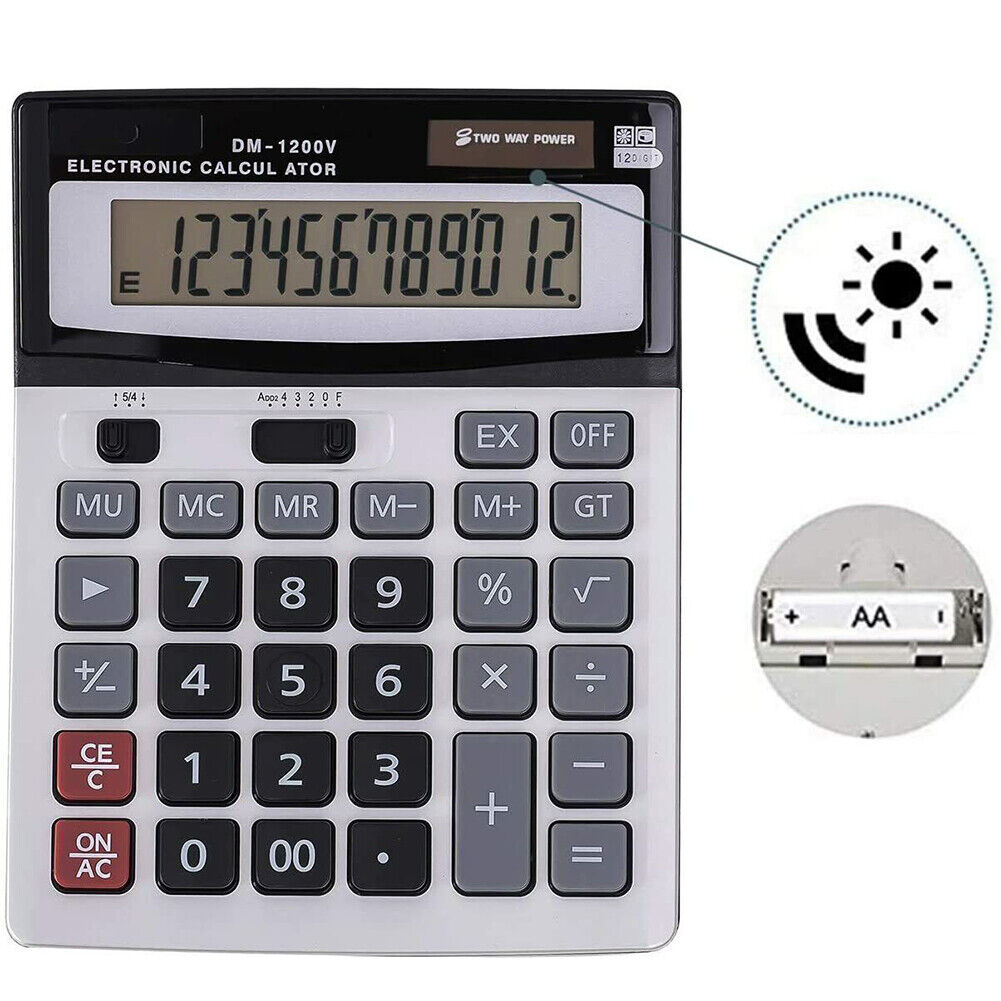 US 12-Digit Desktop Calculator Standard Function Dual Power Solar and AA