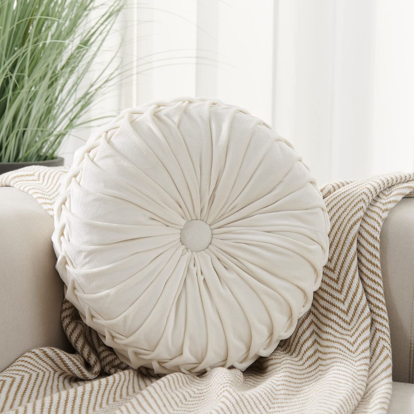 Round Throw Pillow Round Velvet Pillow Pleated Round Filled Pillow