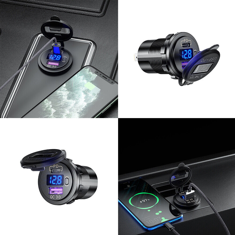 US 12V QC3.0 Dual USB Car Fast Charger Socket Outlet LED Voltmeter Waterproof