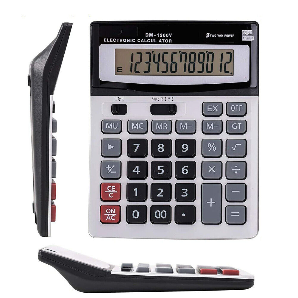 US 12-Digit Desktop Calculator Standard Function Dual Power Solar and AA