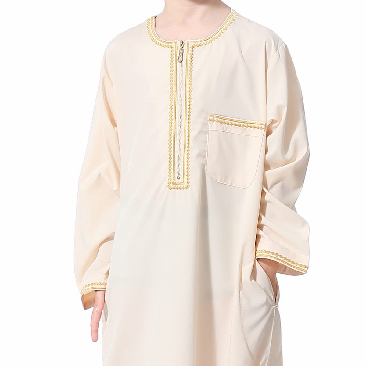 Arabic Thobe Muslim Thobe Kaftan Stand Collar Robe with Botton for Boy