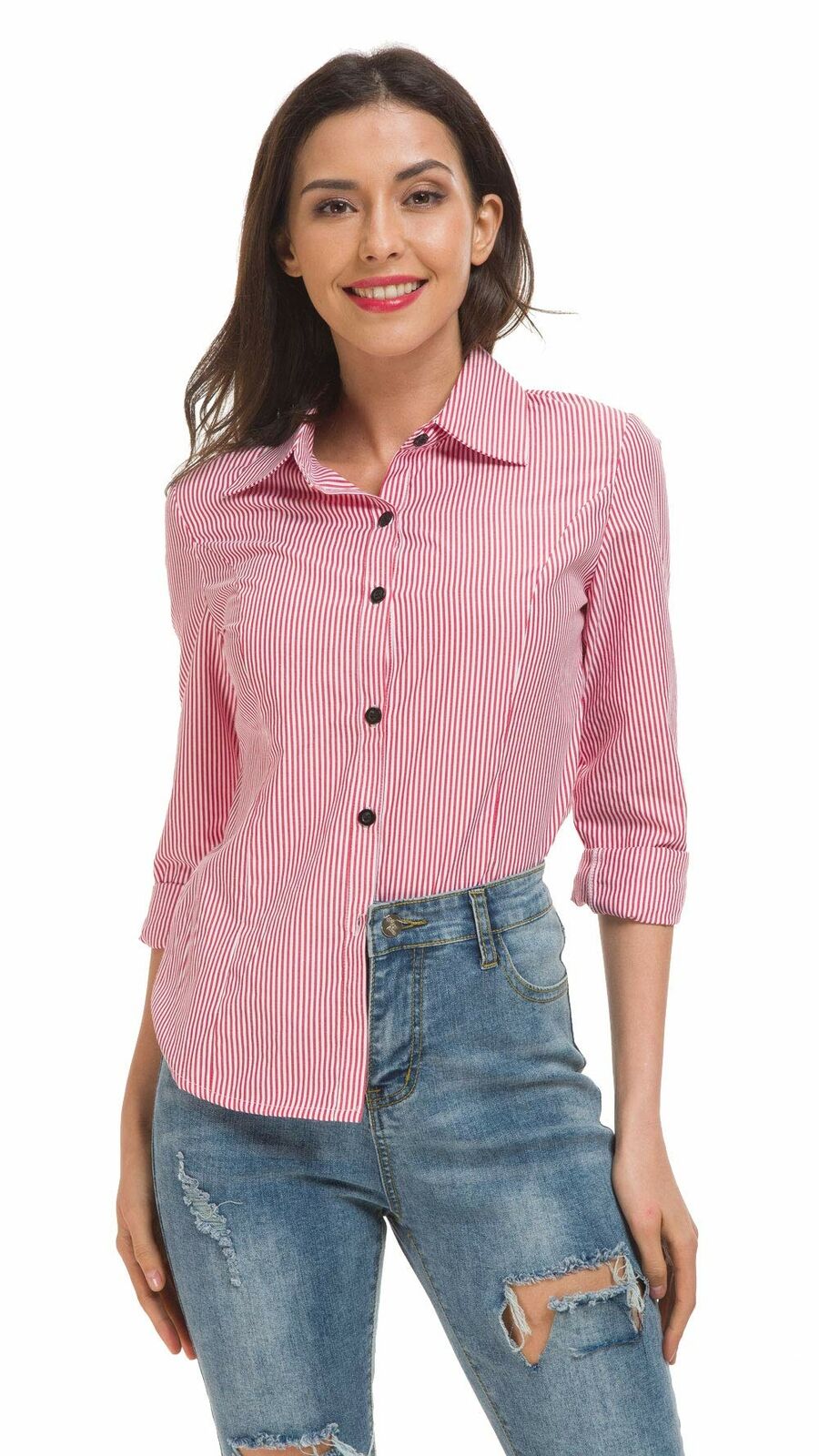 Women's Basic Tailored Vertical Stripes Button Down Shirt Long Sleeve Blouse