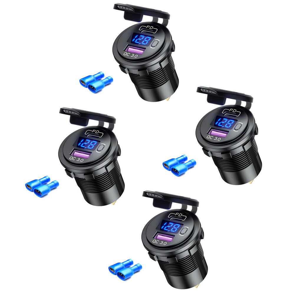 US 12V QC3.0 Dual USB Car Fast Charger Socket Outlet LED Voltmeter Waterproof