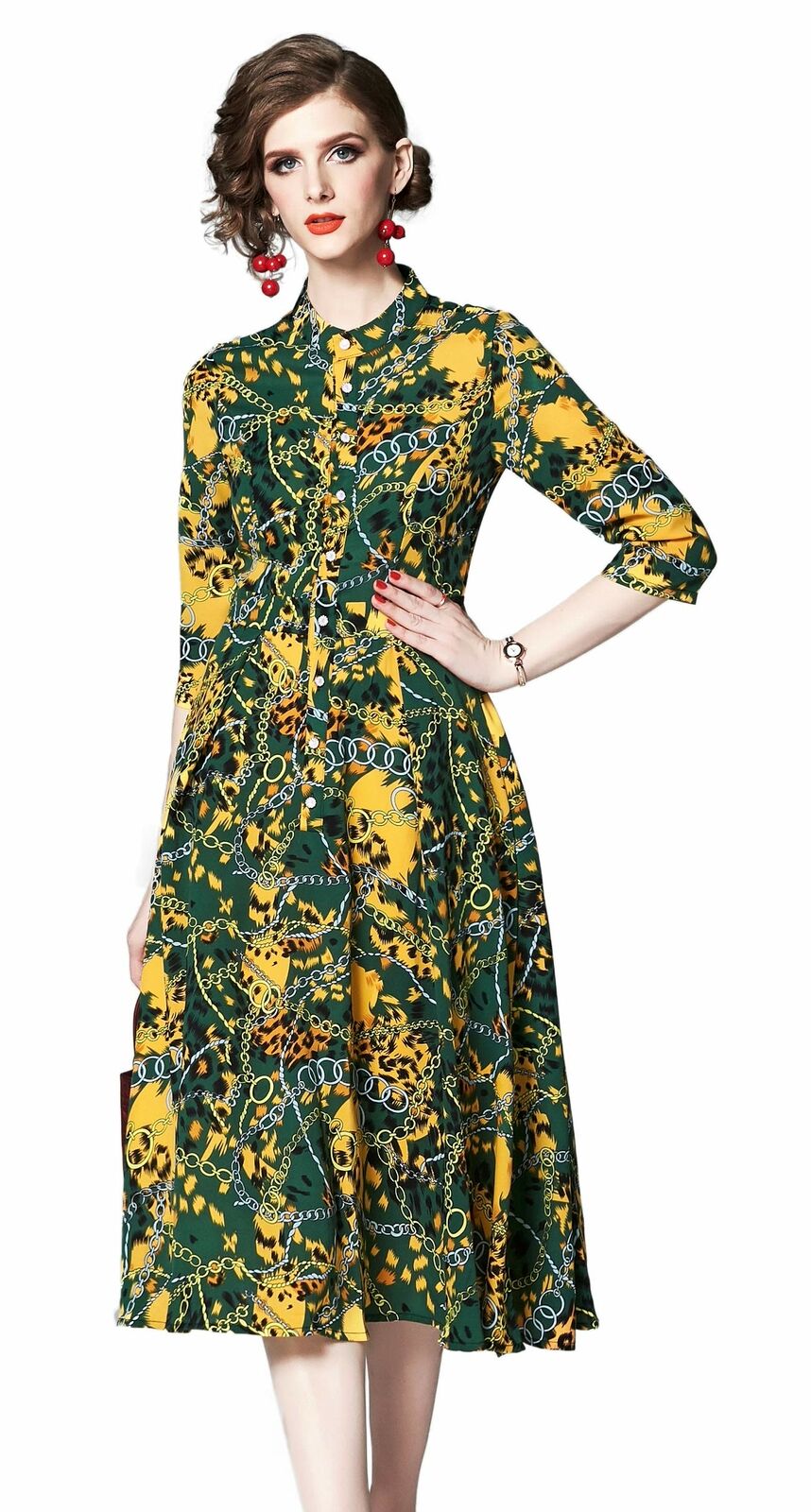 Women's Vintage Floral Printed Lotus Sleeves Elastic Waist Cocktail Dress