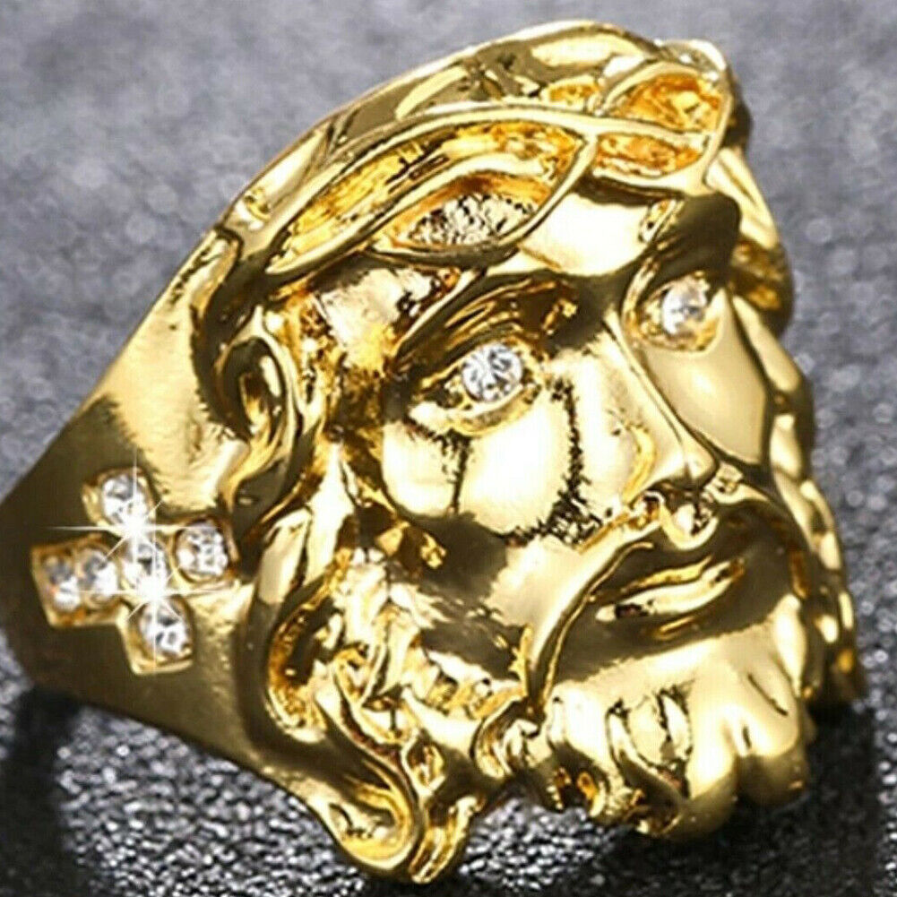 US Mens Gold Plated Cross Jesus Christ Face Ring Stainless Steel Size 8-11