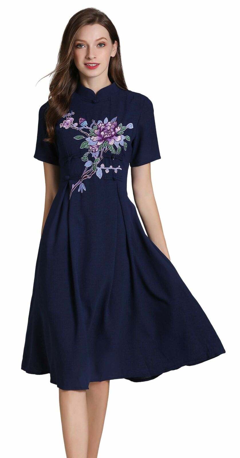 Women's Short Sleeve Mexican Embroidered Floral Pleated A-line Cocktail Dress