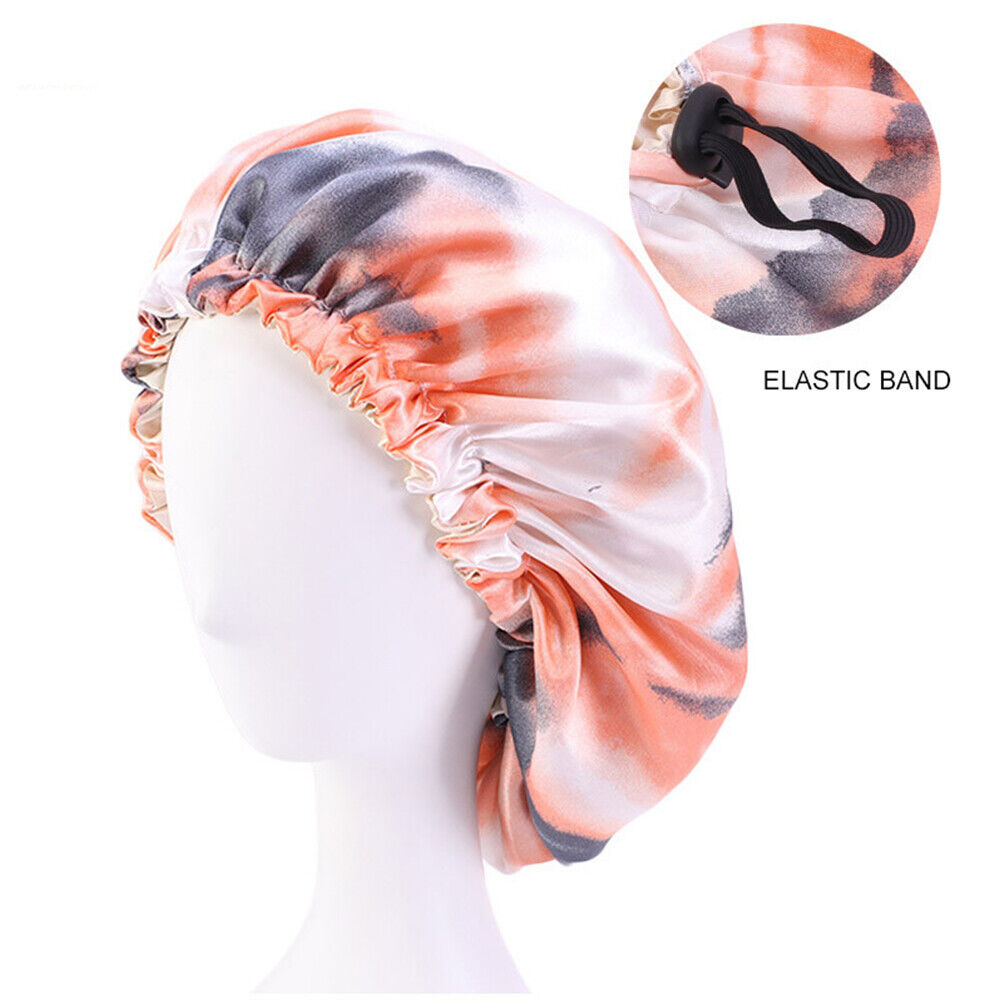US Double-sided Satin Night Sleep Cap Hair Bonnet Hat Head Cover w/ Elastic Band