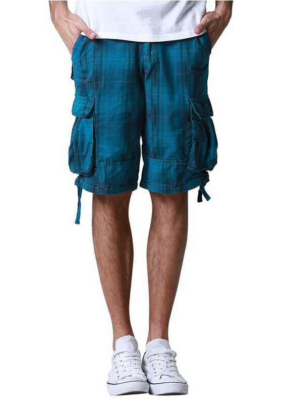 Match Men's Solid & Checked Cargo Shorts #3536, Blue Grid