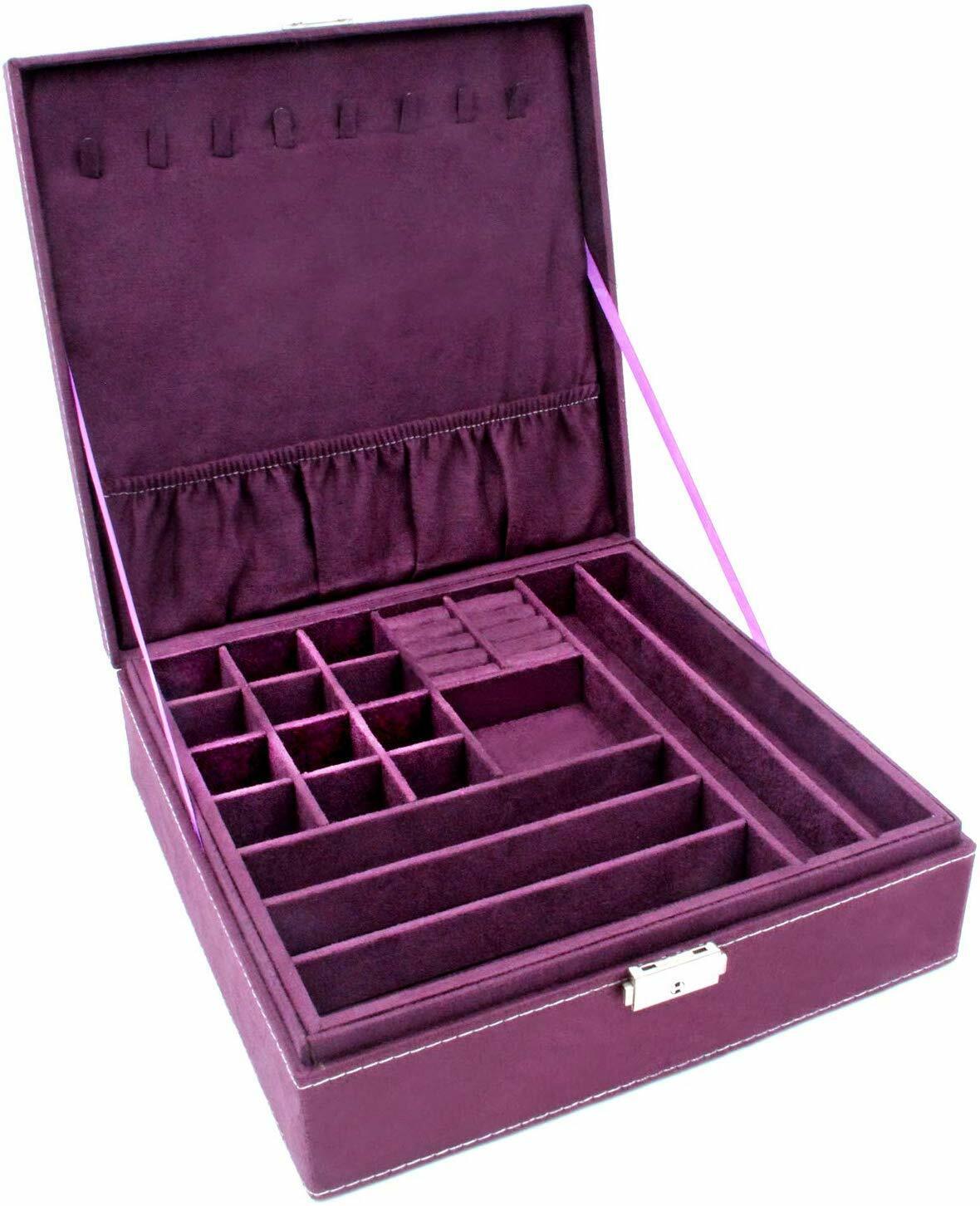 US Two-Layer Lint Large Jewelry Box Organizer Display Storage case with Lock