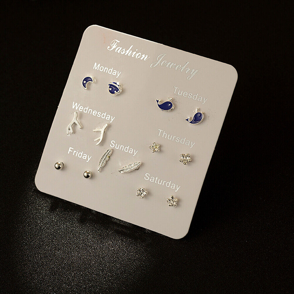 US 6~7 Pairs/Set Korean Style Week Earrings Set Crystal Rhinestone Ear Stud Gift