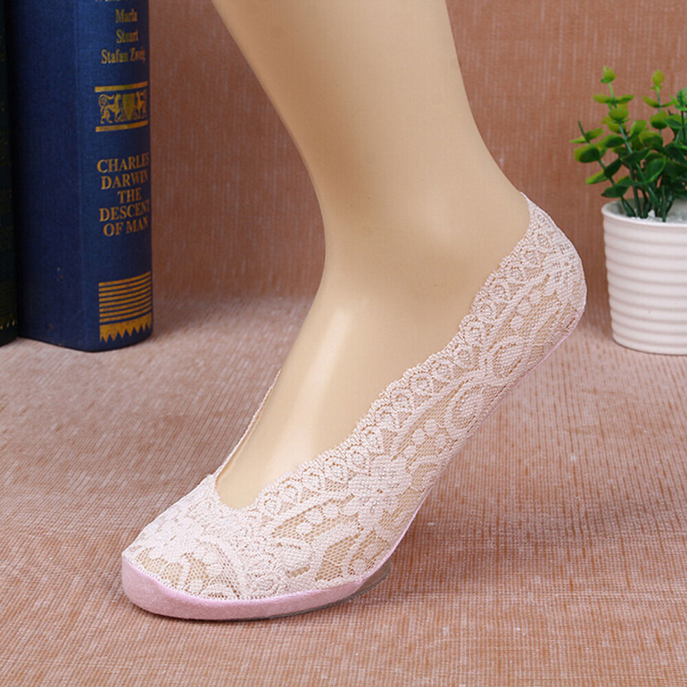 5 Pack Low Cut Lace Liner Boat Socks Ballet Plain Footies w/ Anti-slippery pads