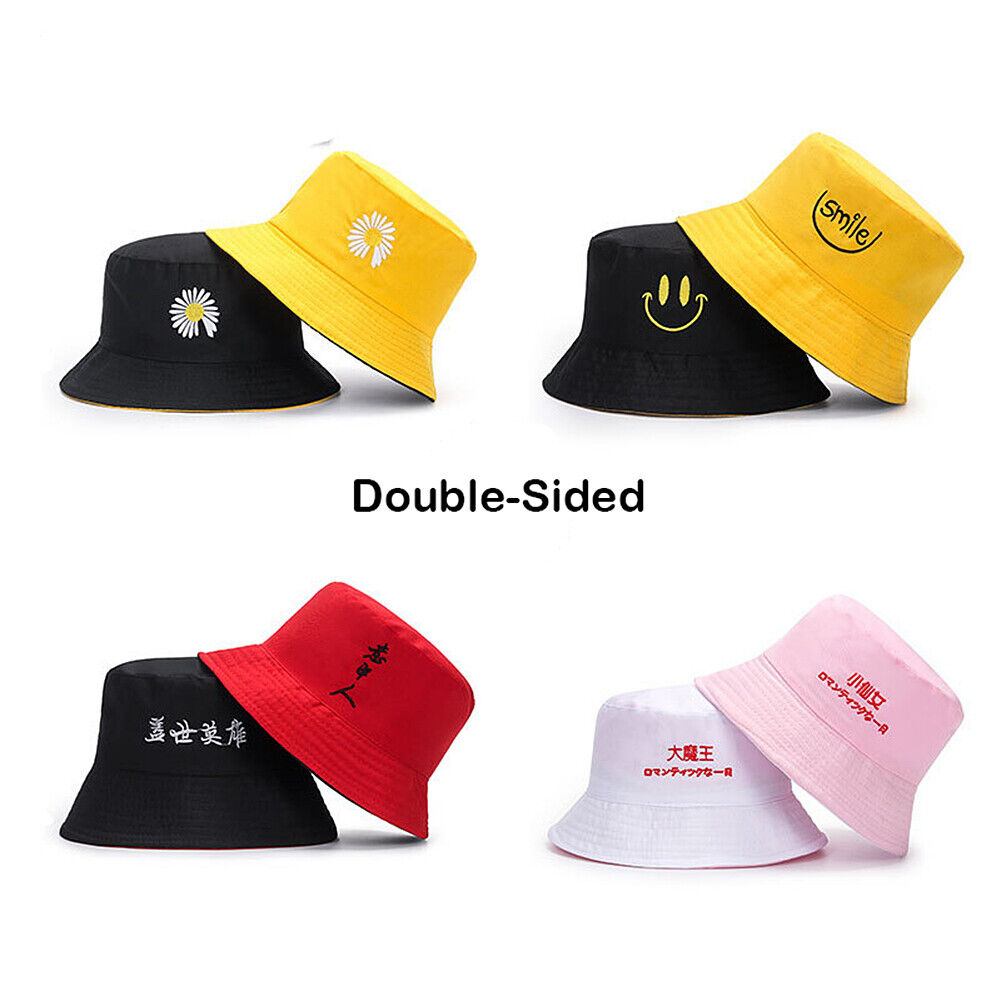 US Double-sided Bucket Hat Fisherman's Cap Men Women Embroidery Pattern Cotton