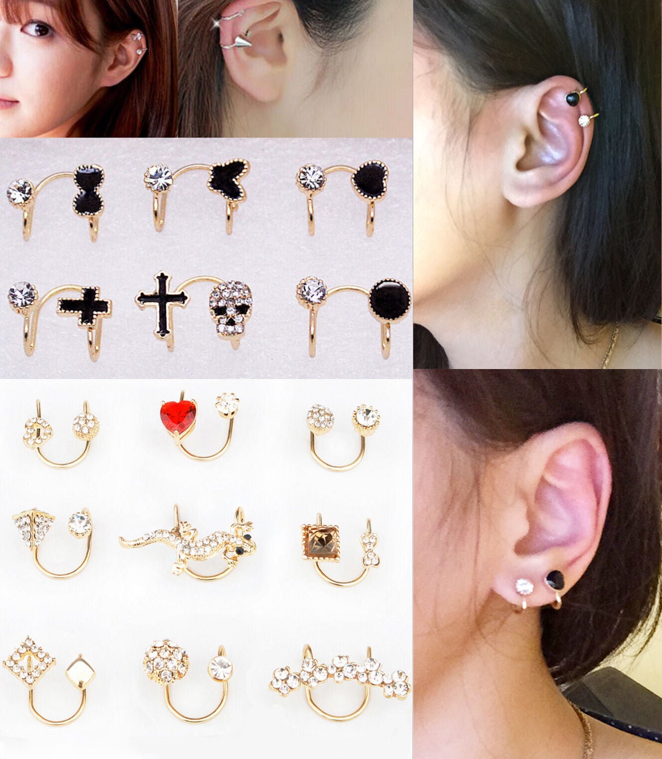 2X Magik Rhinestone EarStud Crystal Ear Cuff Wrap Clip On Non-piercing Earrings