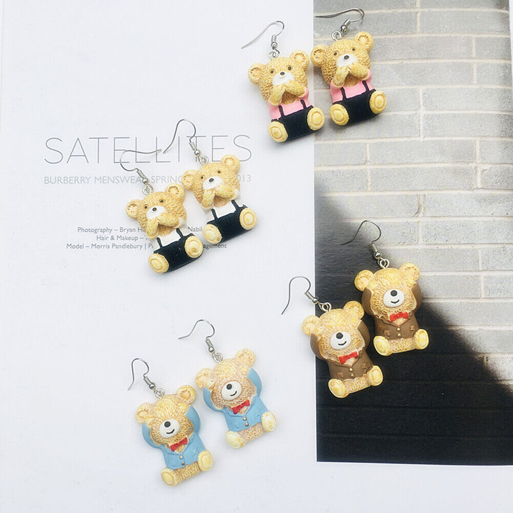 US Cute Bear in Suit Emotional Face Expression Earrings Miniature Jewelry Gifts