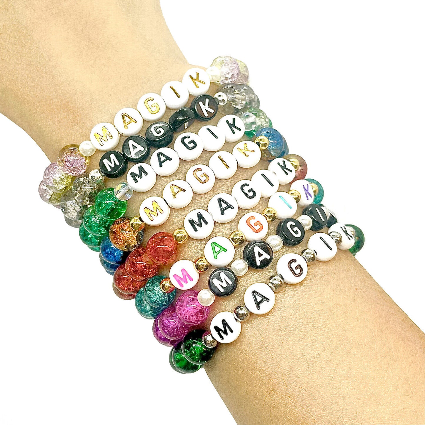 Magik Custom Personalized Name Mama Bracelet Crackle Lampwork Glass Beads Gift