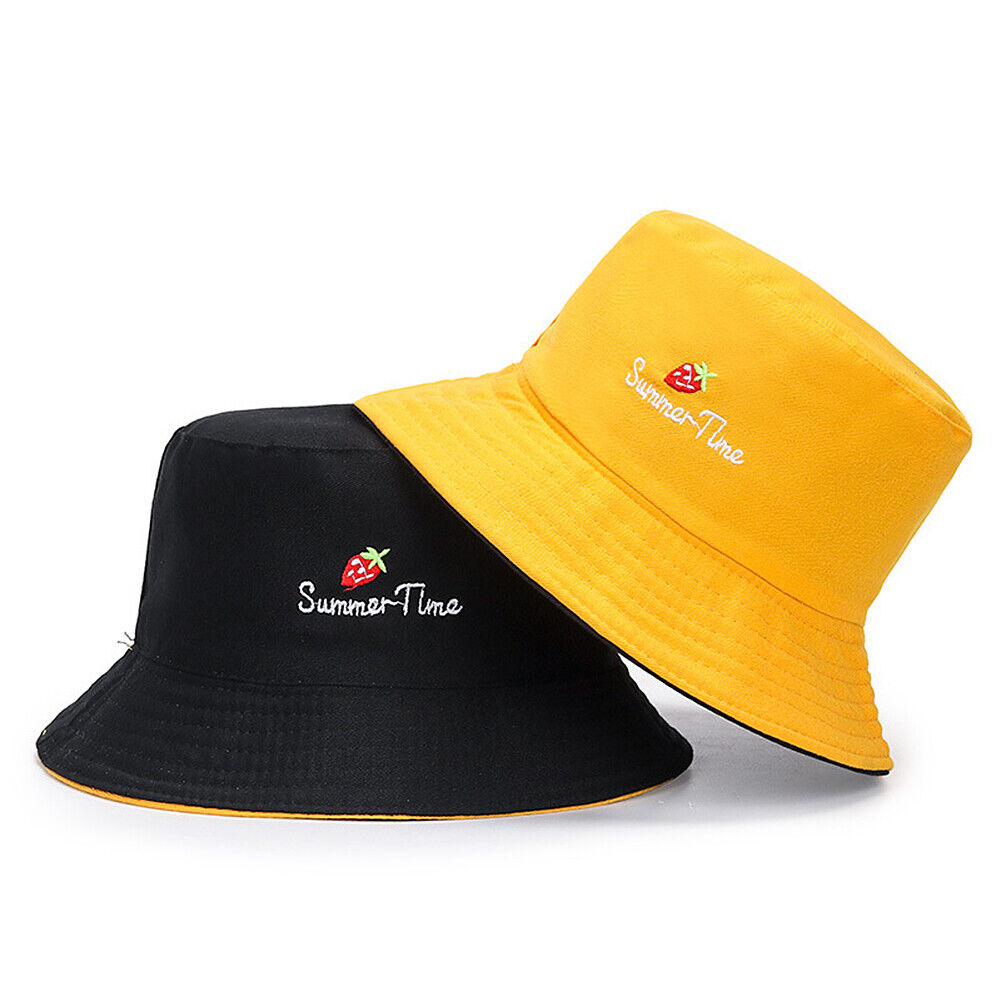 US Double-sided Bucket Hat Fisherman's Cap Men Women Embroidery Pattern Cotton