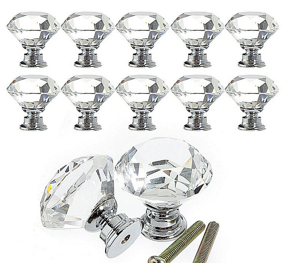 10Pcs Crystal Glass Cabinet Knob Diamond Shape 30mm Drawer Cupboard Handle Pull