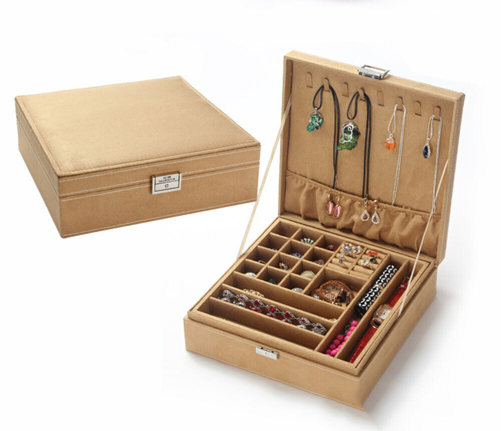 US Two-Layer Lint Large Jewelry Box Organizer Display Storage case with Lock