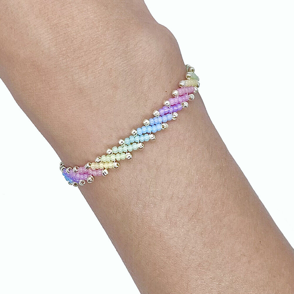 US Handmade Rainbow Colorful Glass Seed Beads Bracelet Imitation Pearl Closure