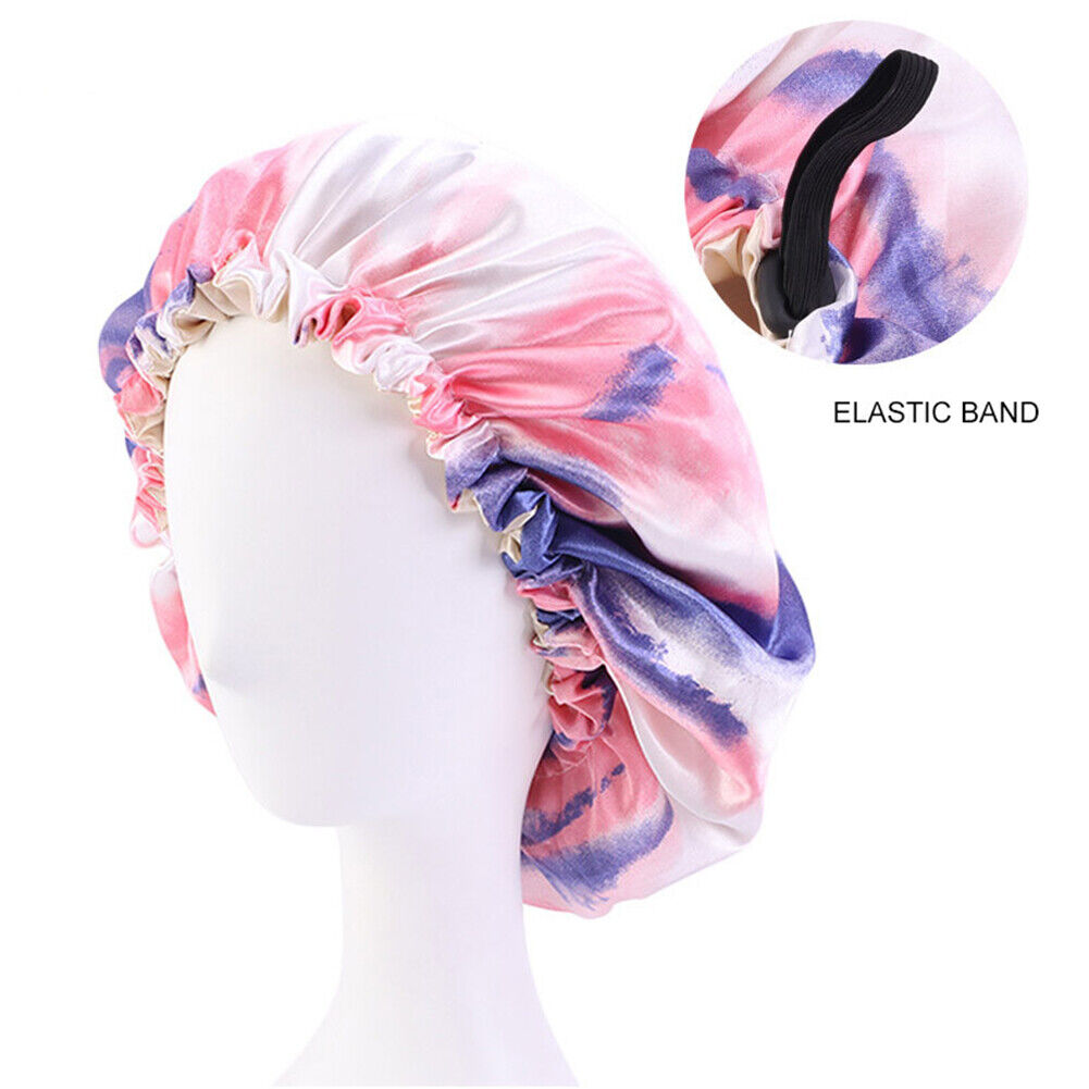 US Double-sided Satin Night Sleep Cap Hair Bonnet Hat Head Cover w/ Elastic Band