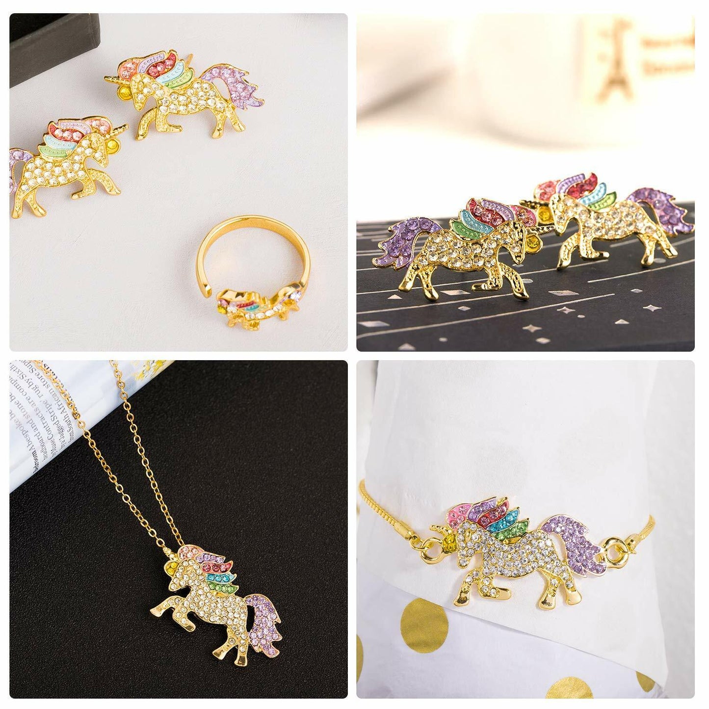 US Unicorn Jewelry Rainbow Rhinestone Crystal Necklace/ Bracelet/ Earring/ Ring