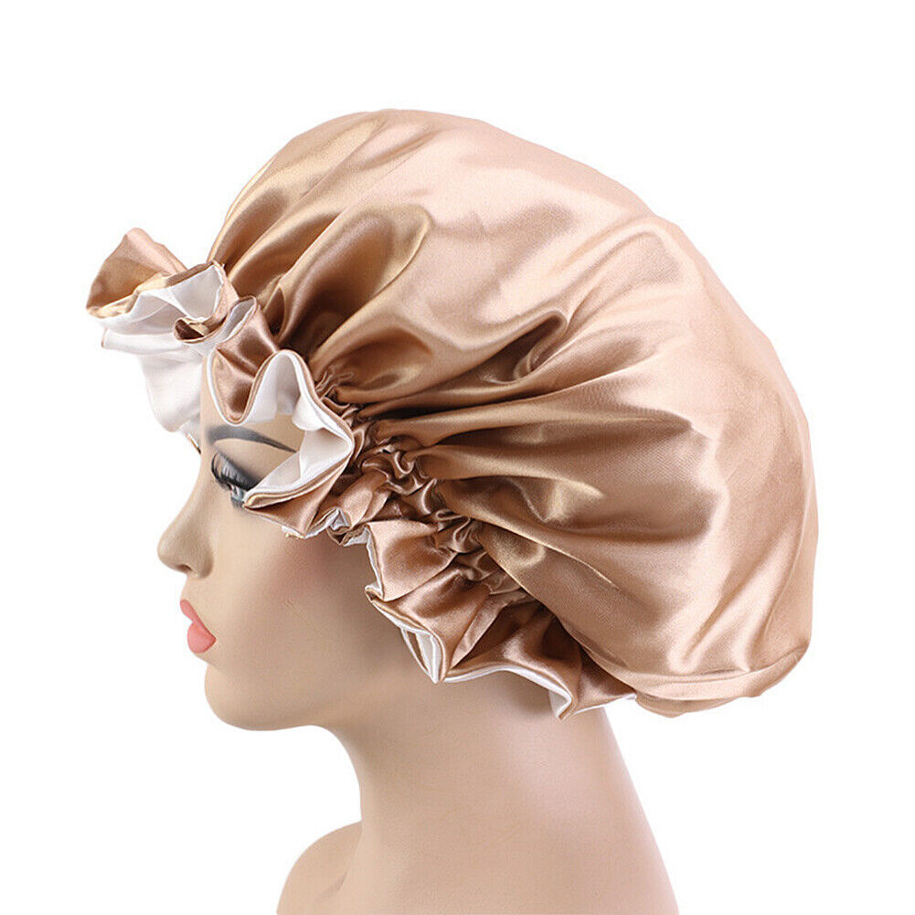 US Double-sided Satin Night Sleep Cap Hair Bonnet Hat Head Cover w/ Elastic Band
