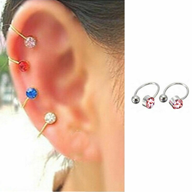 US 2Pcs Crystal Ear Cuff U Shape Wrap Earrings Non Piercing Rhinestone Clip-on
