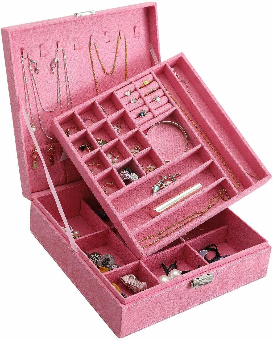 US Two-Layer Lint Large Jewelry Box Organizer Display Storage case with Lock