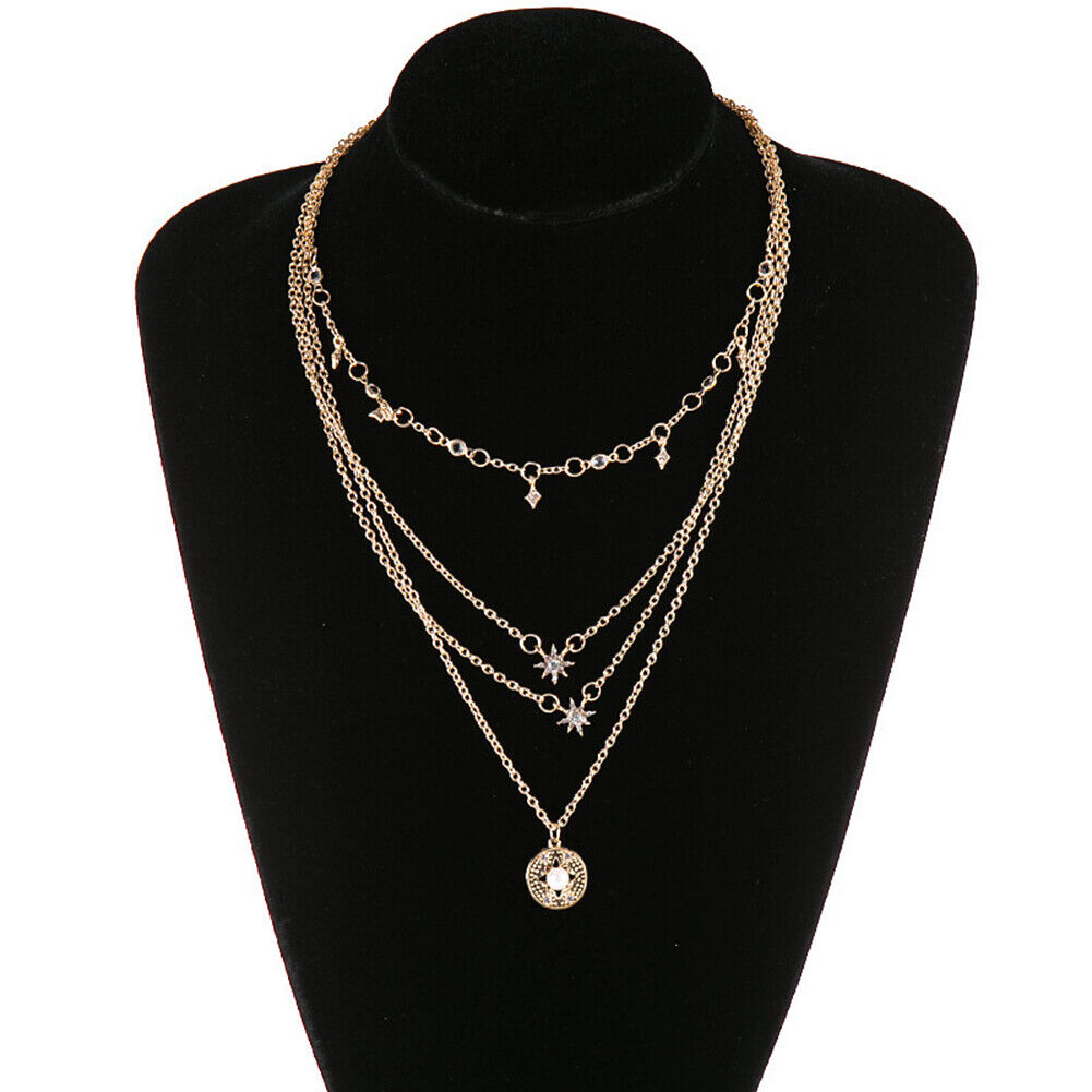 US Boho Women Multi-layer Long Chain Pendant Crystal Choker Necklace Jewelry