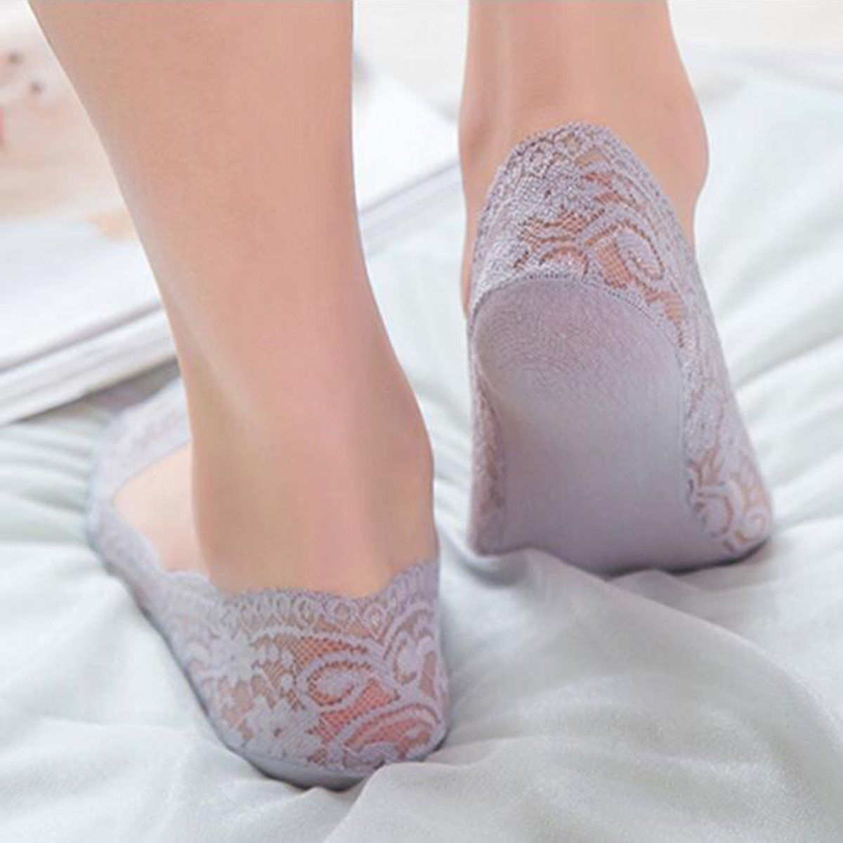 5 Pack Low Cut Lace Liner Boat Socks Ballet Plain Footies w/ Anti-slippery pads