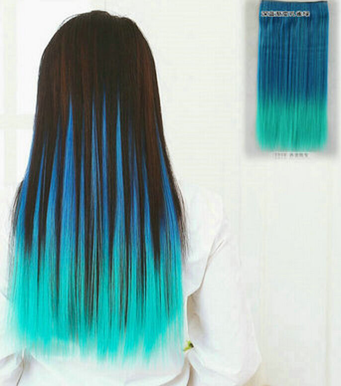 US STOCK 3/4 Head Fade Colorful Hair Extension Clip Straight Curly w/ 5 Clips
