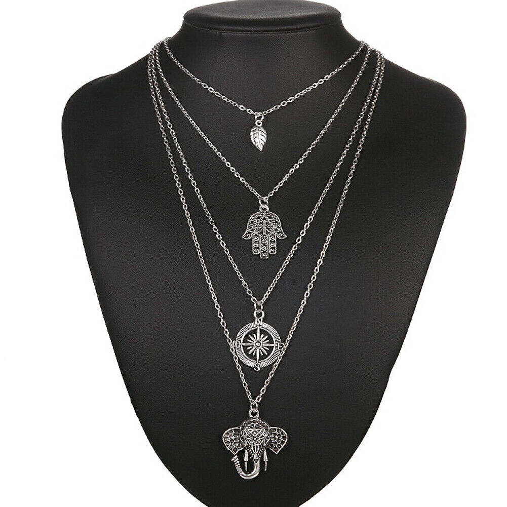 US Boho Women Multi-layer Long Chain Pendant Crystal Choker Necklace Jewelry