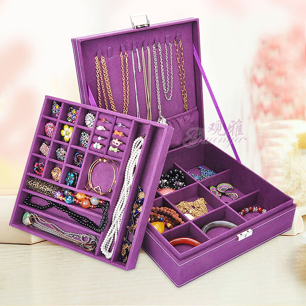 US Two-Layer Lint Large Jewelry Box Organizer Display Storage case with Lock
