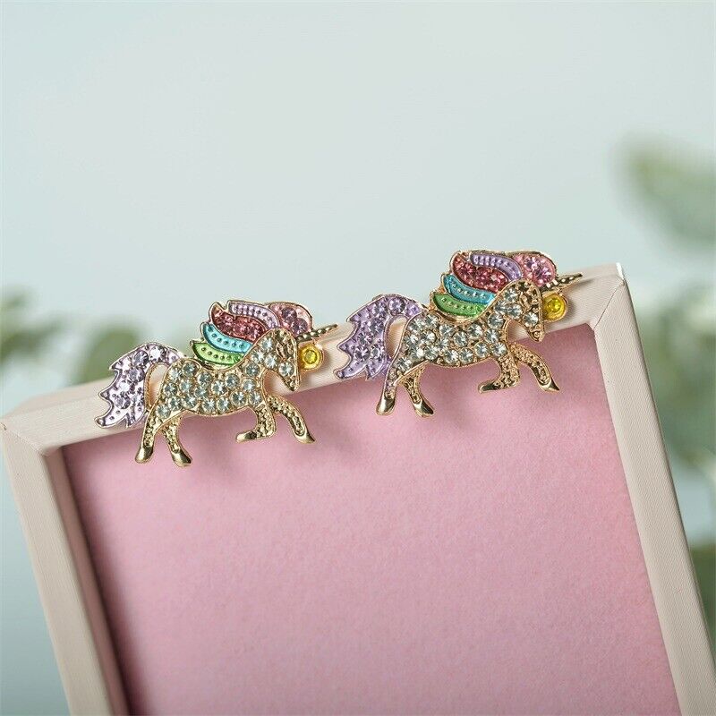 US Unicorn Jewelry Rainbow Rhinestone Crystal Necklace/ Bracelet/ Earring/ Ring