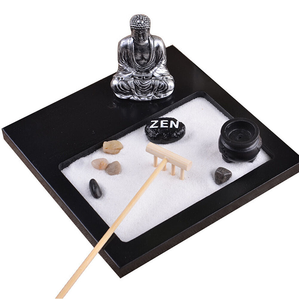 US Tabletop Mini Meditation Zen Garden w/ Pavilion statue Rock Venues Rake Sand