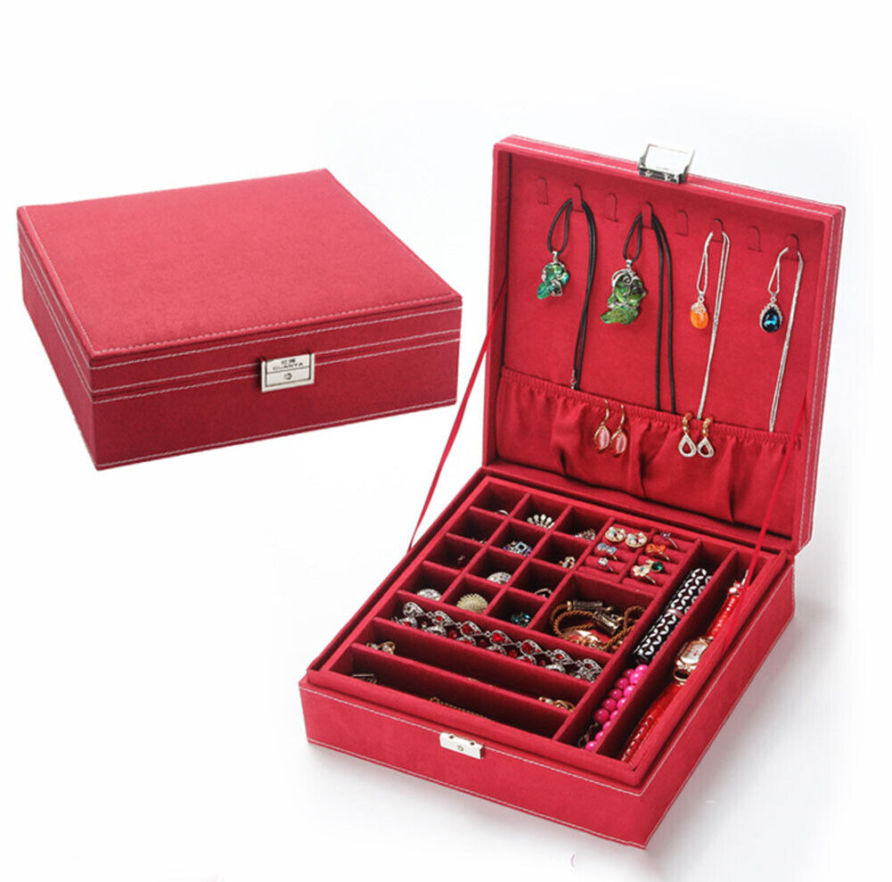 US Two-Layer Lint Large Jewelry Box Organizer Display Storage case with Lock