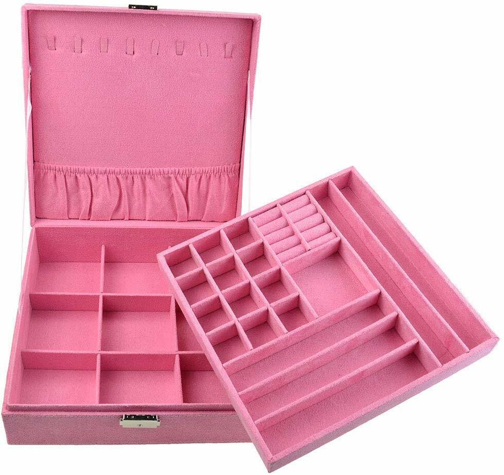 US Two-Layer Lint Large Jewelry Box Organizer Display Storage case with Lock
