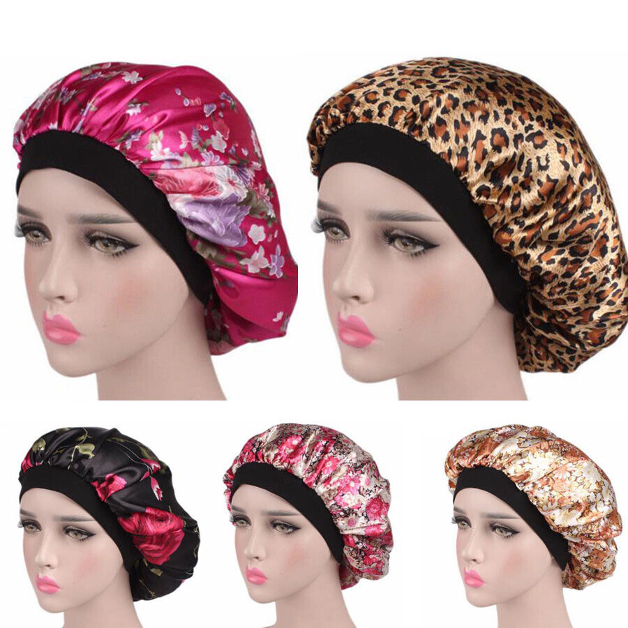 US Women Satin Night Sleep Cap Hair Bonnet Hat Silk Head Cover Wide Elastic Band