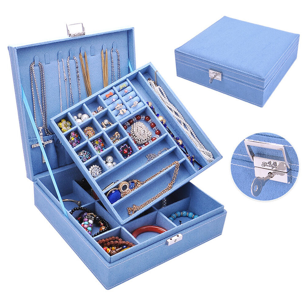 US Two-Layer Lint Large Jewelry Box Organizer Display Storage case with Lock