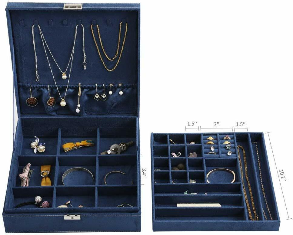US Two-Layer Lint Large Jewelry Box Organizer Display Storage case with Lock